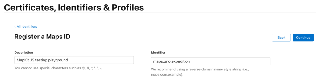 Enter Maps ID description and identifier